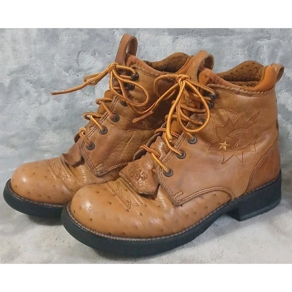 Ariat Tan Leather Ostrich Womens Boots 6 M Lace Up Western 16303 Farm Work READ - Picture 3 of 16